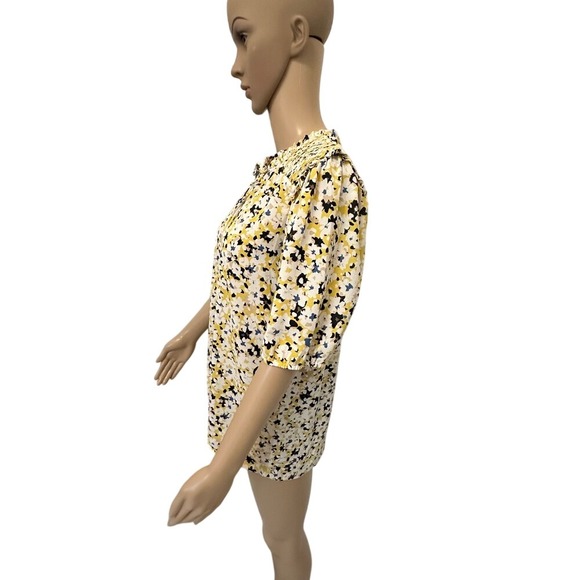 Ann‎ Taylor LOFT Floral Print Smocked Neck Tie Neck Short Sleeve Blouse Women - Picture 3 of 5